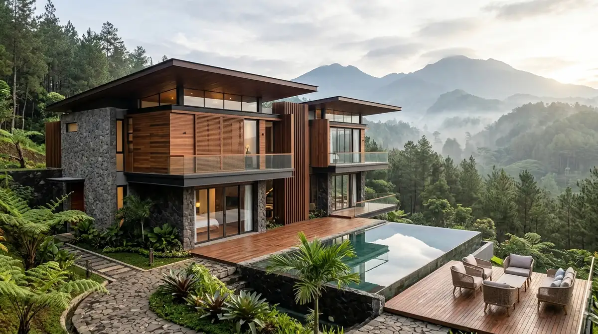 Material Kayu Fasad untuk Villa Batu Modern Tropis yang Tahan Cuaca Ekstrem